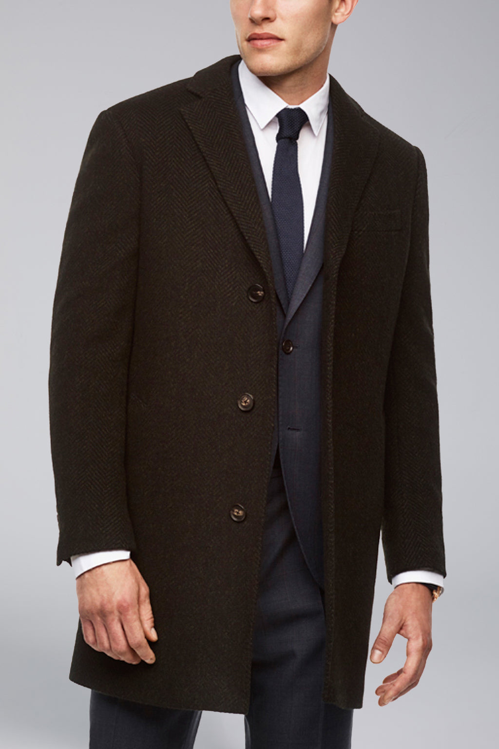 Stone Slim Fit Wool Overcoat - Navy-Olive Herringbone