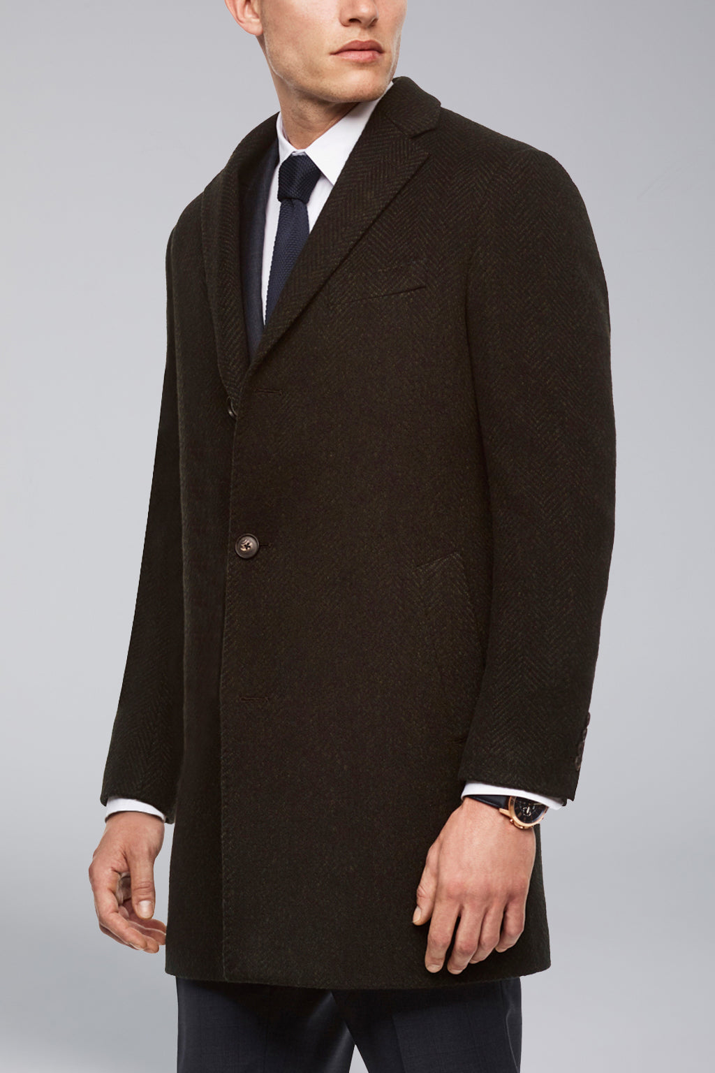 Stone Slim Fit Wool Overcoat - Navy-Olive Herringbone