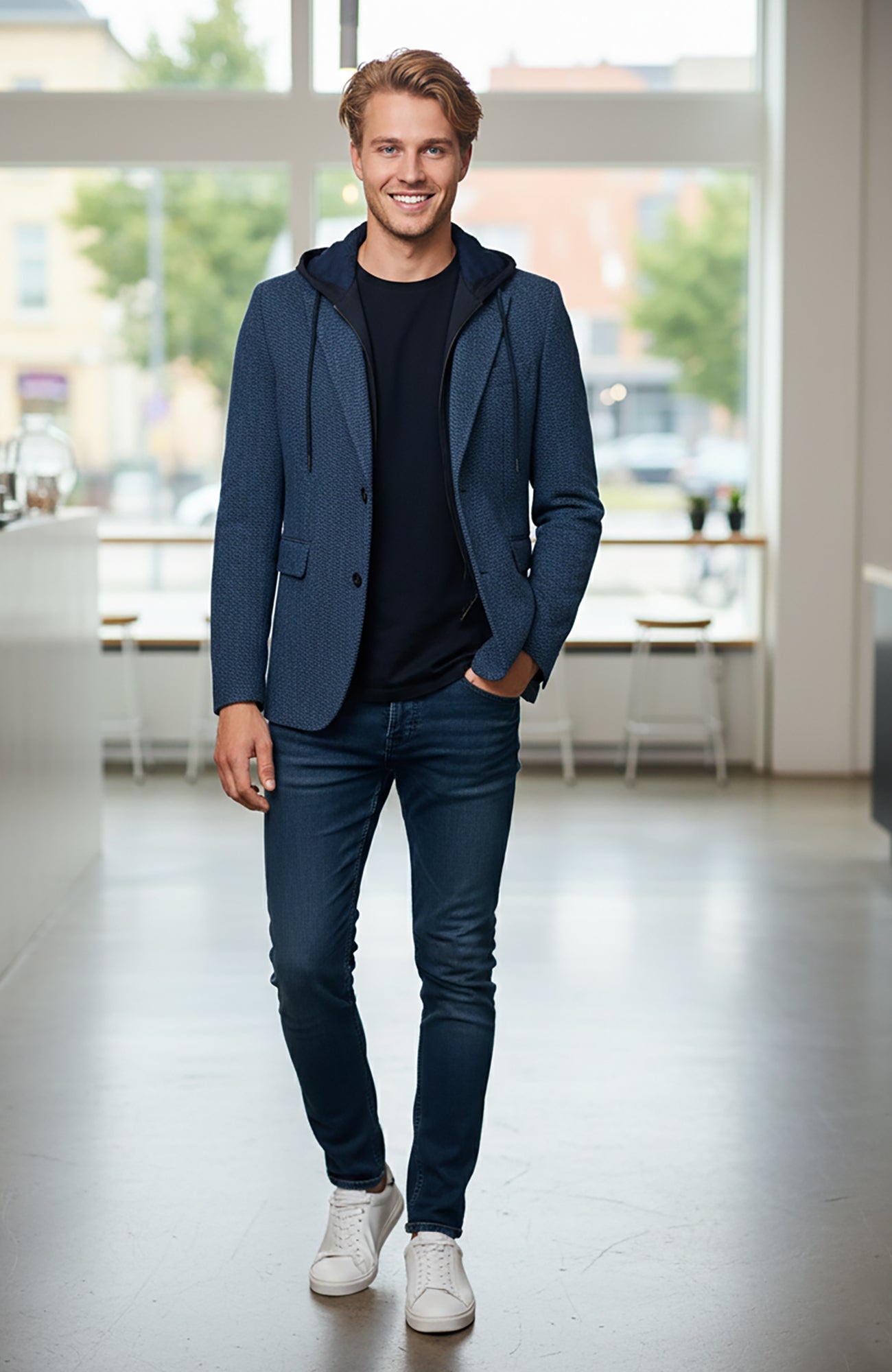 Brandon Blue Herringbone Hooded Sports Jacket