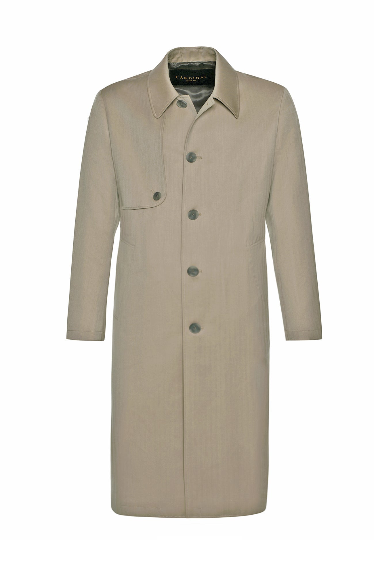 MAN-RAY KHAKI HERRINGBONE WOOL TRENCH COAT 45.5 INCH LENGTH