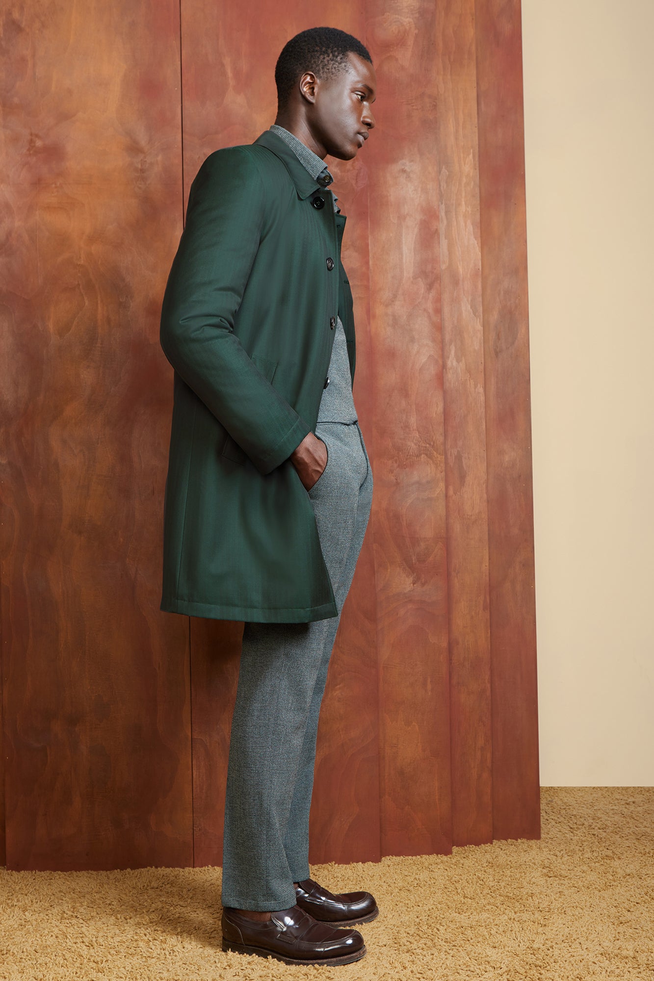 LIMITED EDITION: MANU GREEN HERRINGBONE WOOL TOPCOAT - MENS - Cardinal of Canada-US-MANU GREEN HERRINGBONE WOOL TOPCOAT 38 inch length