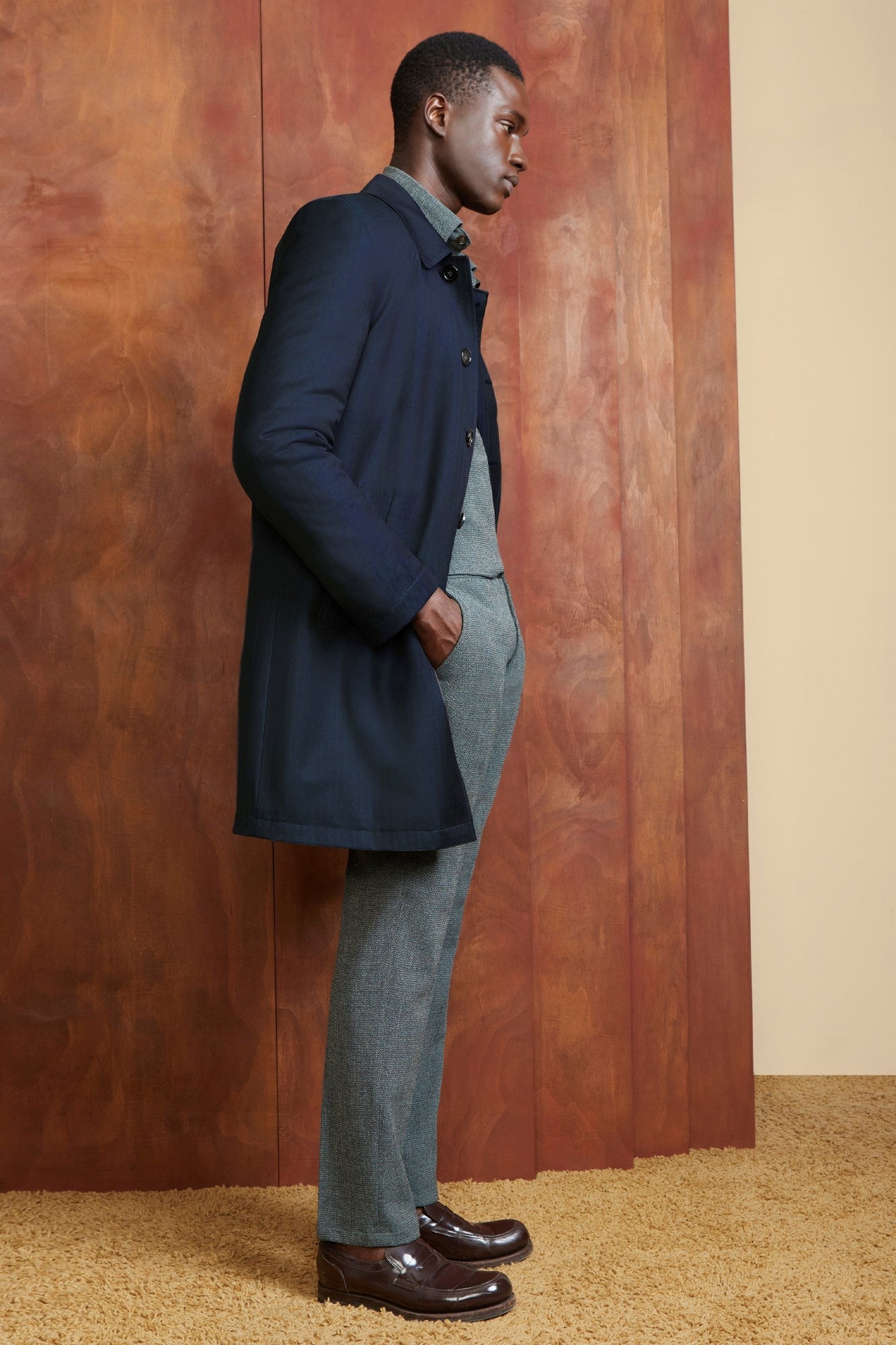 MANU NAVY HERRINGBONE WOOL TOPCOAT - MENS - Cardinal of Canada-US-Manu - navy herringbone wool topcoat 36 inch length