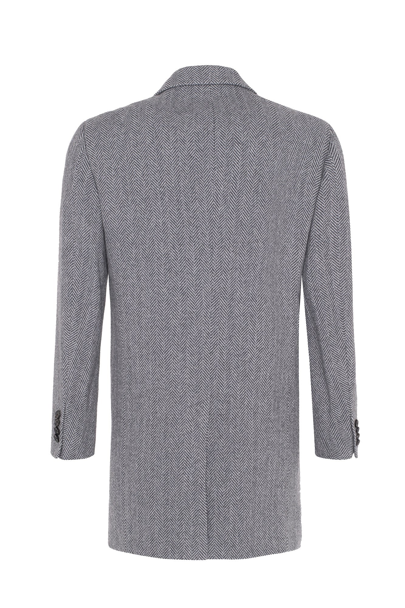 TATE GREY HERRINGBONE TOPCOAT - MENS - Cardinal of Canada-US-Tate - grey herringbone wool, silk and cashmere topcoat 36 inch length