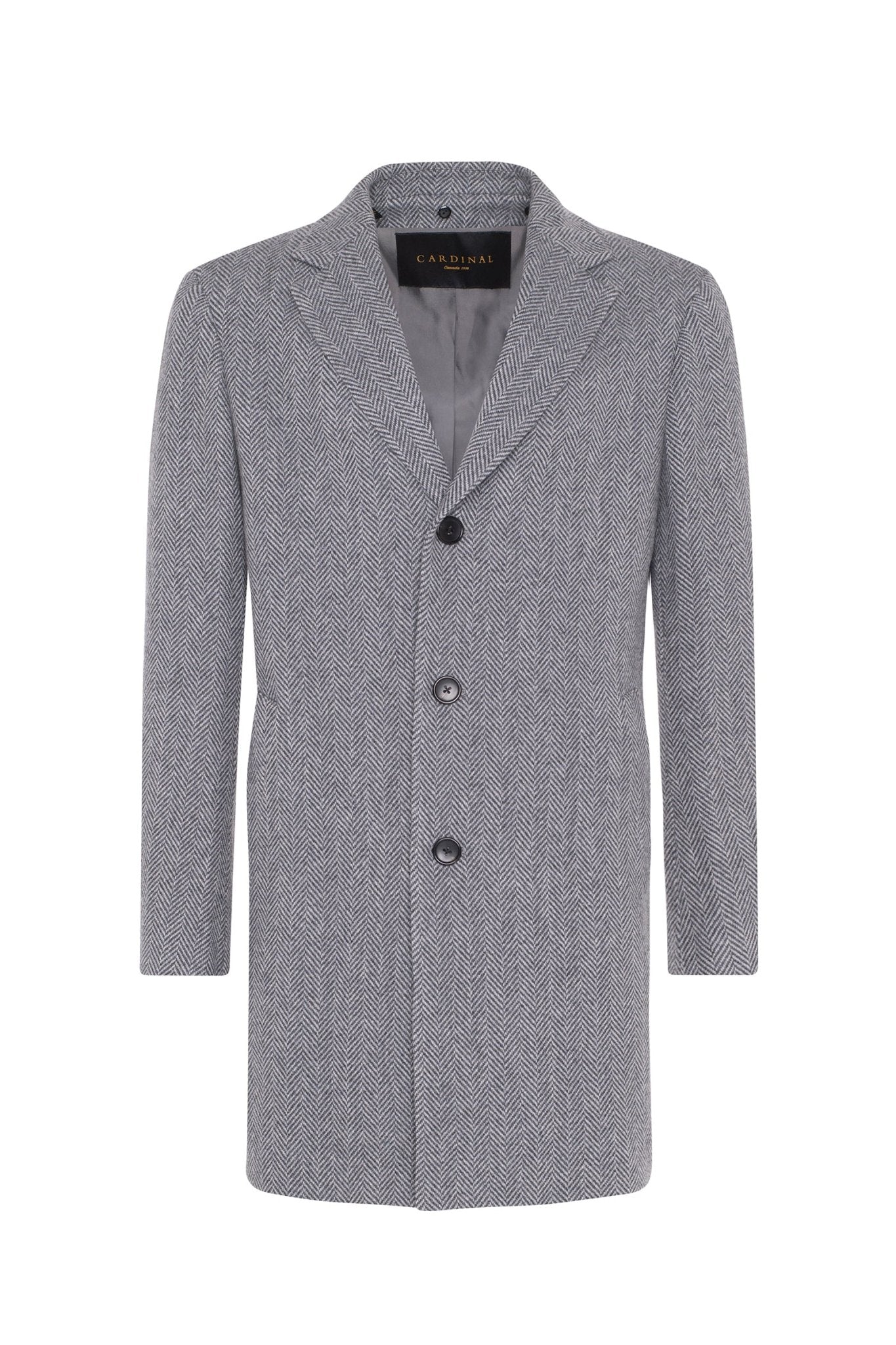 TATE GREY HERRINGBONE TOPCOAT - MENS - Cardinal of Canada-US-Tate - grey herringbone wool, silk and cashmere topcoat 36 inch length