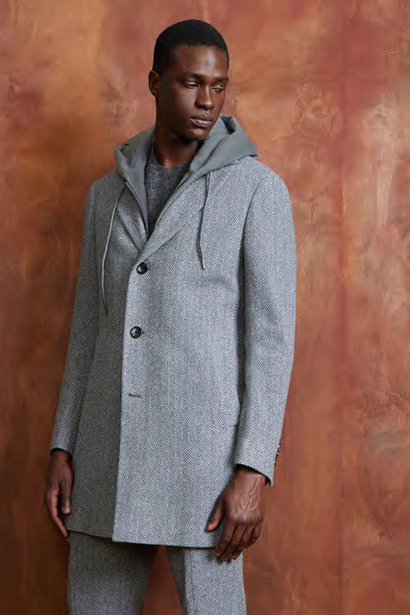 TATE GREY HERRINGBONE TOPCOAT - MENS - Cardinal of Canada-US-Tate - grey herringbone wool, silk and cashmere topcoat 36 inch length