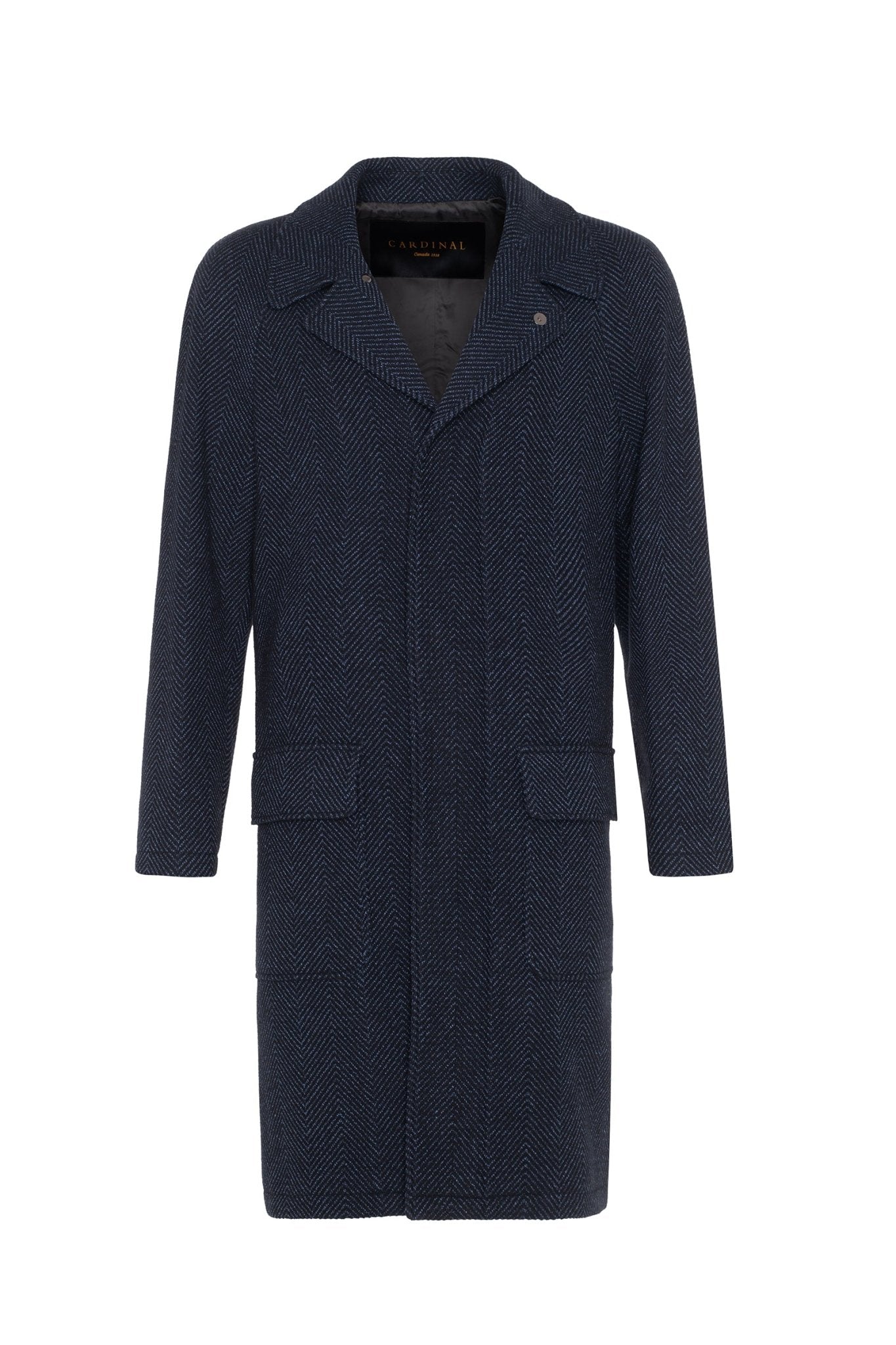 TATUM NAVY HERRINGBONE TOPCOAT - MENS - Cardinal of Canada-US-Tatum - navy herringbone wool topcoat 41 inch length