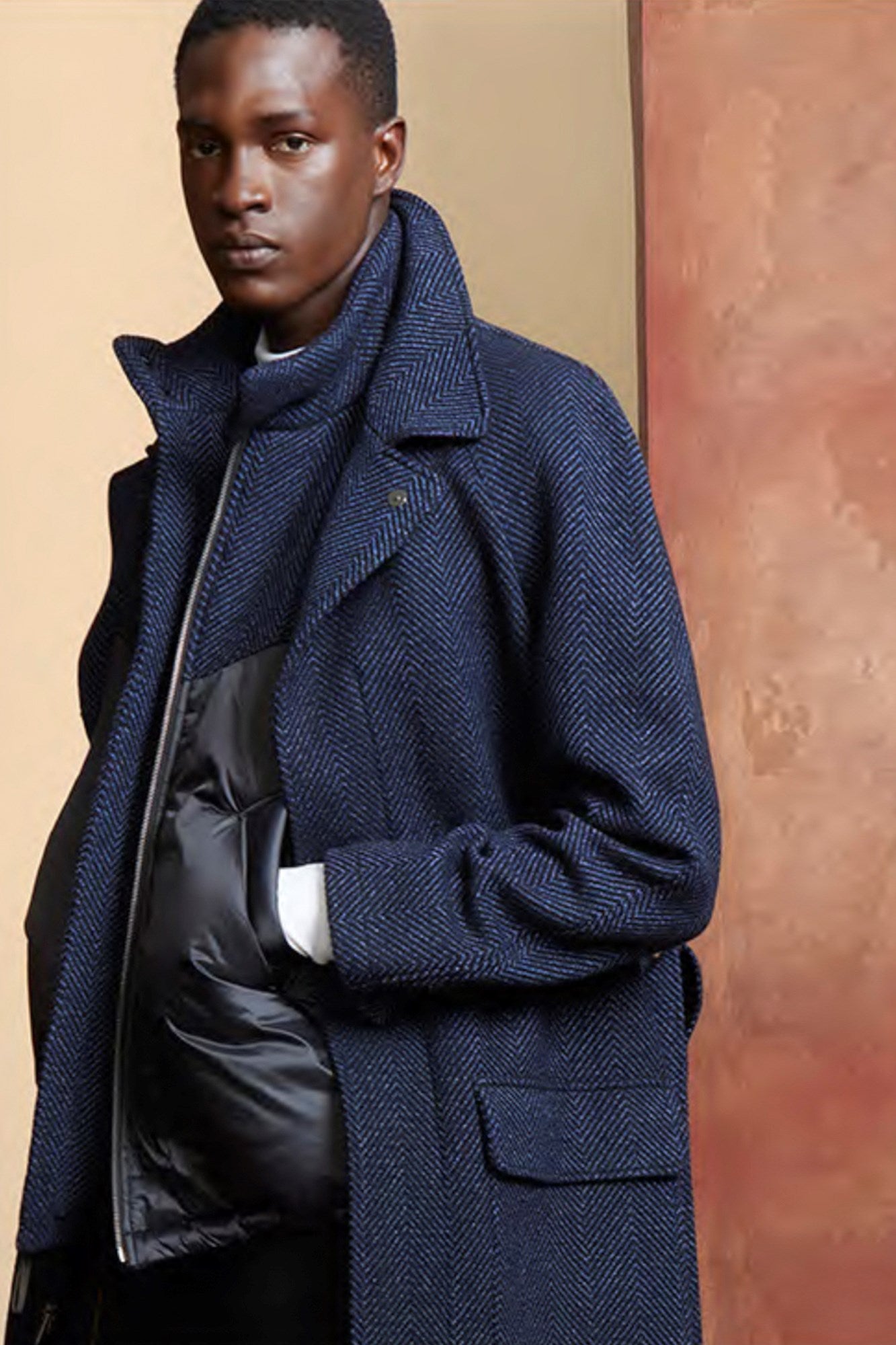 TATUM NAVY HERRINGBONE TOPCOAT - MENS - Cardinal of Canada-US-Tatum - navy herringbone wool topcoat 41 inch length