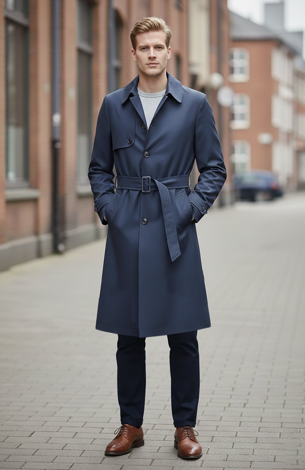 Man Ray Navy Herringbone Trench Coat