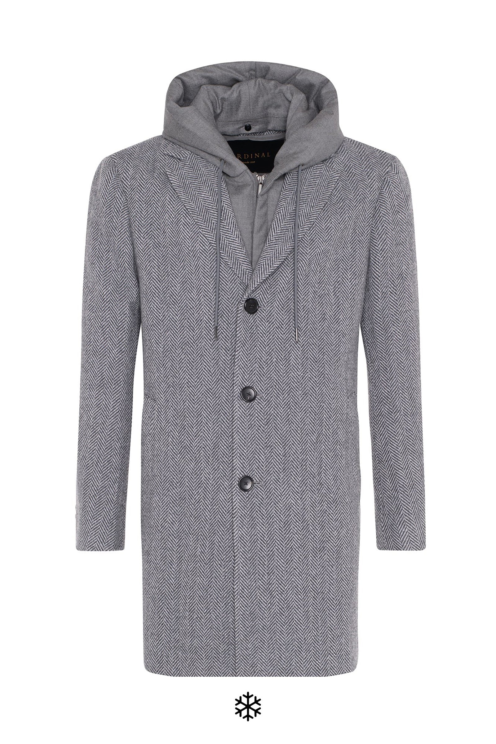 Tate - grey herringbone wool, silk and cashmere topcoat 36 inch length